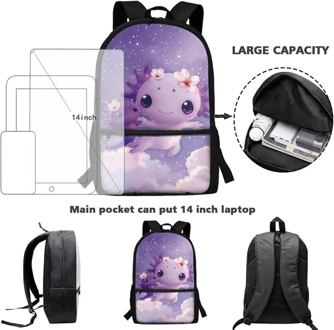 Axolotl Backpack for Girls Bookbag with Lunch Box, Children Boys School Bag with Lunch Bag Pencil Case Water Bottle Holder Set 4 in 1 School Supplies