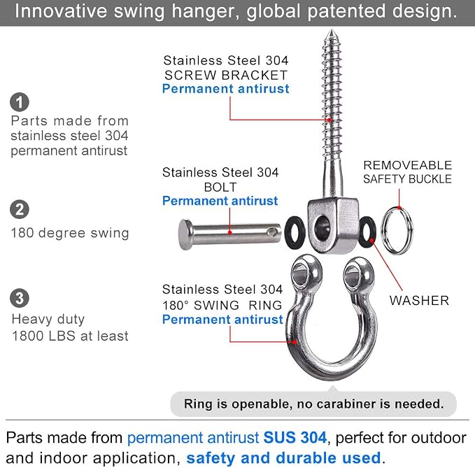 SELEWARE Set of 2 Permanent Antirust 304 Stainless Steel Screw Bracket Heavy Duty 180° Swing Hangers, 1800LB Capacity Playground Yoga Hammock Rope Tire Web Chair Sandbag Punching Bag Porch Swing Sets
