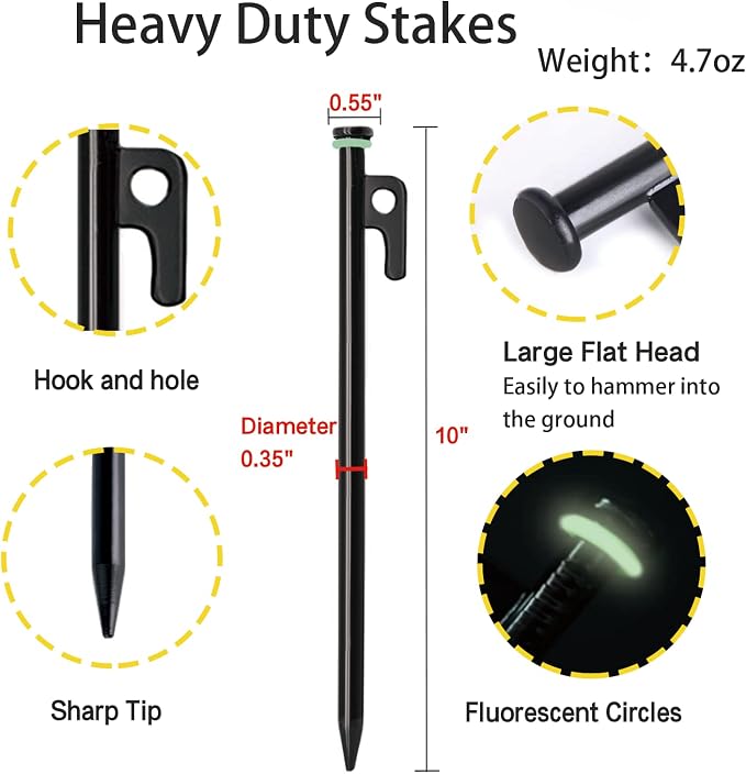 Heavy Duty Forged Steel Tent Stakes - 8Pcs 10in + Storage Pouch, Ideal for Rocks, Grassland, Desert, Stormy Weather