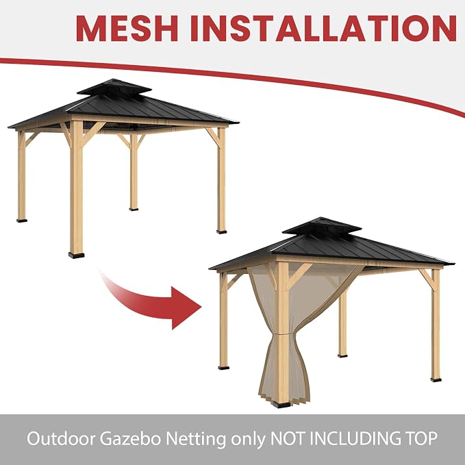 Coastshade Gazebo Canopy Mesh Walls Replacement 10x10 Gazebo Pergola Mosquito Screen Netting for Gazebos with 48Curtain Rings & 48Rail Hooks,Khaki