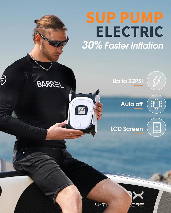 22PSI Electric SUP Pump, 12V DC Car Powered Paddle Board Pump with Accurate LCD Gauge & Reliable Auto-Off, Dual Stage Inflation for Paddleboards, Boats, Kayaks, Air Mattresses & Inflatables
