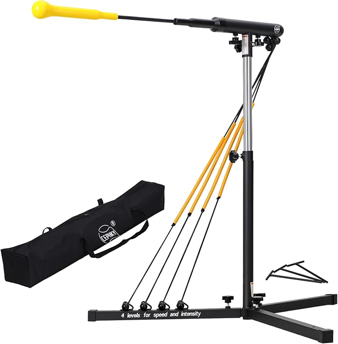 Batting Swing Trainer for Baseball and Softball with 4 Power Bands & Adjustable Height - High-Visibility Anti-Dent Target Ball, Portable Hitting Aid with Screw-in Base & Carry Bag for All Ages
