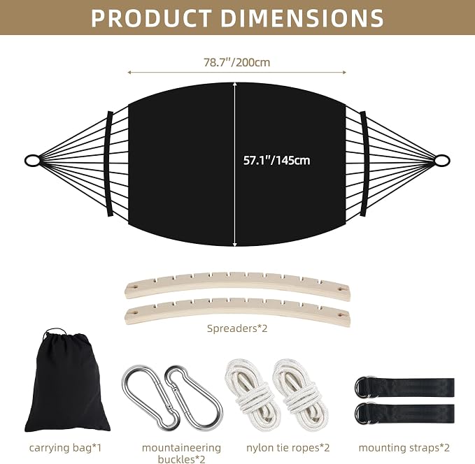 Portable Double Hammock, Hanging Hammock with Tassels and Fishtail Knitting, 550LB Capacity, 320GSM Hanging Bed with Set Full Accessories for Outdoor Camping Patio Balcony Black