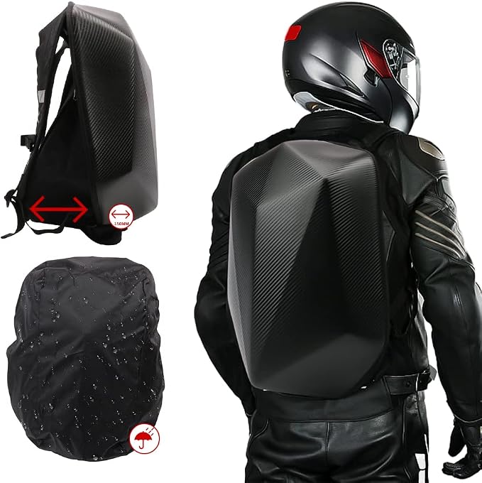 JFG RACING Motorcycle Backpack 30L,Universal Hard Shell Helmet Hardshell Riding Back Pack for Men Women - Imitation Carbon Fiber Black