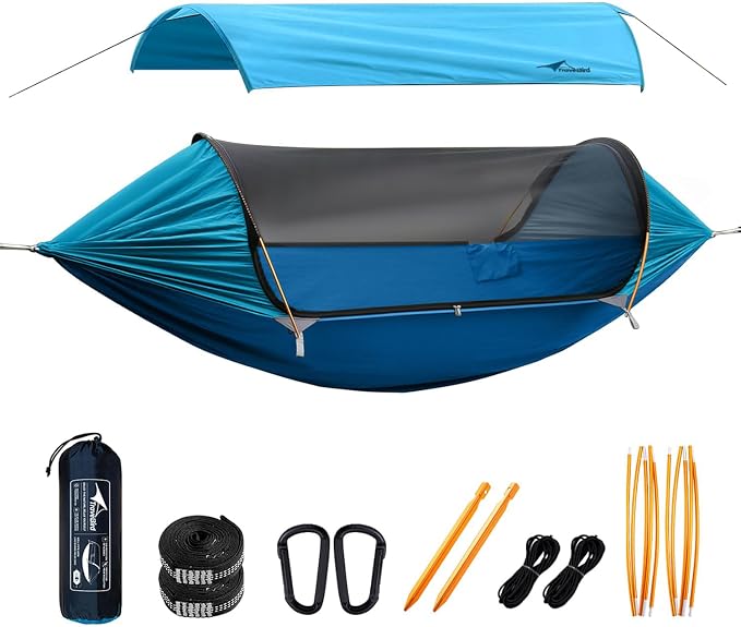Camping Hammock Tent with Mosquito Net and Removable Sunshade, 4 in 1 Function, Lightweight Hanging Hammocks Tree Straps Swing, Bivvy Ground Tent for Outside, Hiking, and Travel