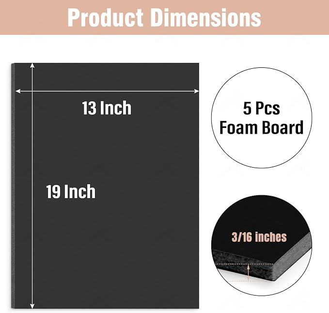 Golden State Art, Acid Free 5 Pack 13x19 Black Foam Boards Foam Core Poster Board, 3/16'' Thick Polystyrene Foam Sheet for Projects, Mounting, Crafts, Art and Presentations