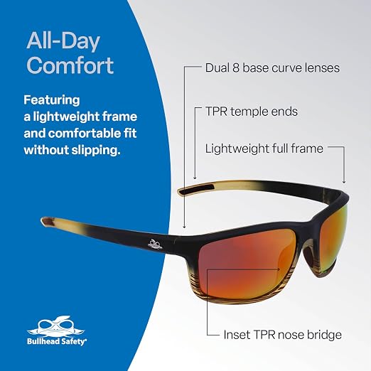 Bullhead Safety Eyewear Pompano Glasses – Polarized, Anti-Fog, Lightweight, Scratch Resistant, UV Light Blocking Sunglasses for Driving, Golf, Boating, Outdoor Work, Red Mirror Lens