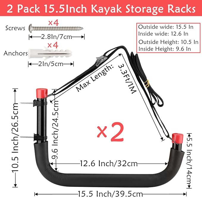 Heavy Duty Garage Storage Hooks, Wall Mount Kayak Storage Racks, Hangers with Lashing Straps, Holds Up to 100lbs