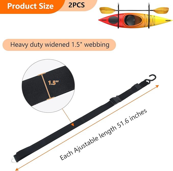 Kayak Storage Strap,Kayak Hanging Straps 1in/1.5in Wide,Adjustable Kayak Wall Mount Straps,Kayak Storage Strap System With Paddle Loops for Hanging 1or 2 Kayak,Paddle Board,Surfboard,Canoe(2/4 Pack)