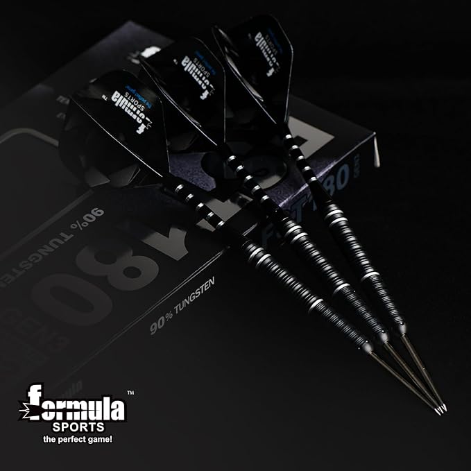 Formula Sports 90% Tungsten Darts Metal Tip Set 21g/22g/23g/24g, Professional Steel Tip Darts Set with Aluminum Shafts, Tungsten Barrels, Extra Flights, Dart Sharpener, Gift Box