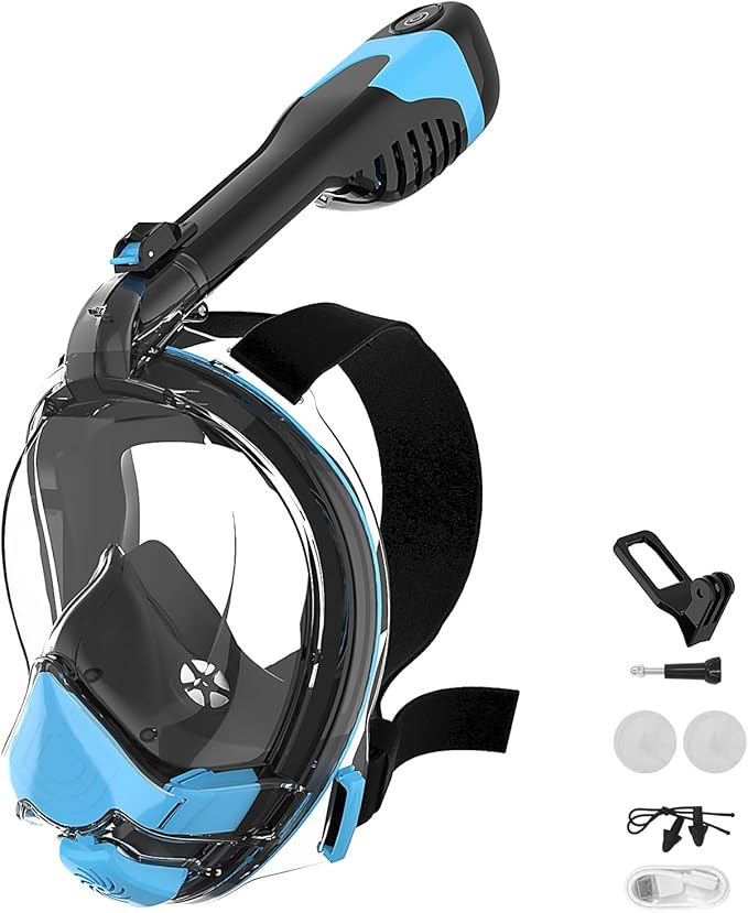 Electric Full Face Snorkel Mask for Adults, Fan-Assisted Airflow Snorkeling Gear, 180° Panoramic Anti-Fog View, Dry Top Leak-Resistant Design with Camera Mount for Beach Vacation