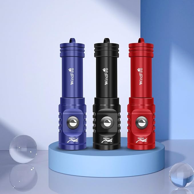 WINDFIRE TS08 Dive Light Super Bright, Scuba Flashlight Rechargeable, IP68 Waterproof 197 ft Depth Underwater Flashlight, 3 Modes & Power Indicator, Snorkeling Torch for Night Diving