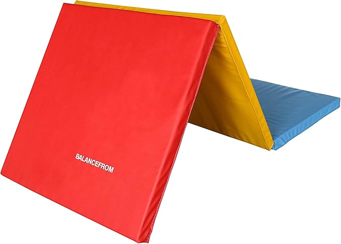 BalanceFrom 6x2 Feet 3-Panel Folding Gymnastics Mat – 1.5-Inch Thick Pad with Vinyl Surface and Carrying Handles for Tumbling, Yoga, Pilates, Home Workouts, and Martial Arts