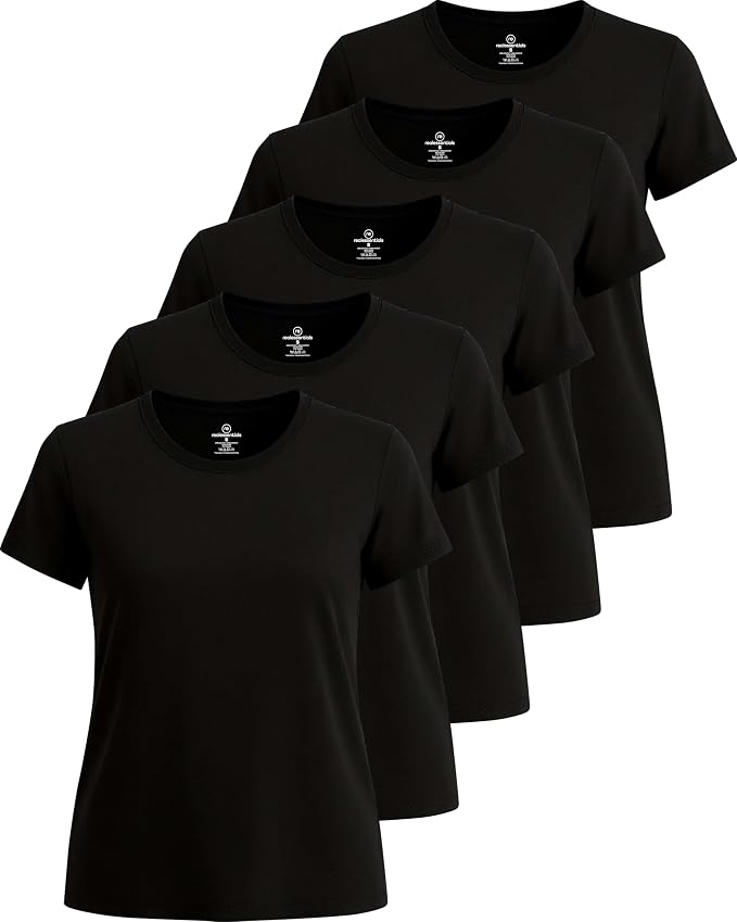 Real Essentials 5 Pack: Women's Short Sleeve T-Shirts Workout Tops Fitness Pilates Gym Activewear Athletic (Plus Available)