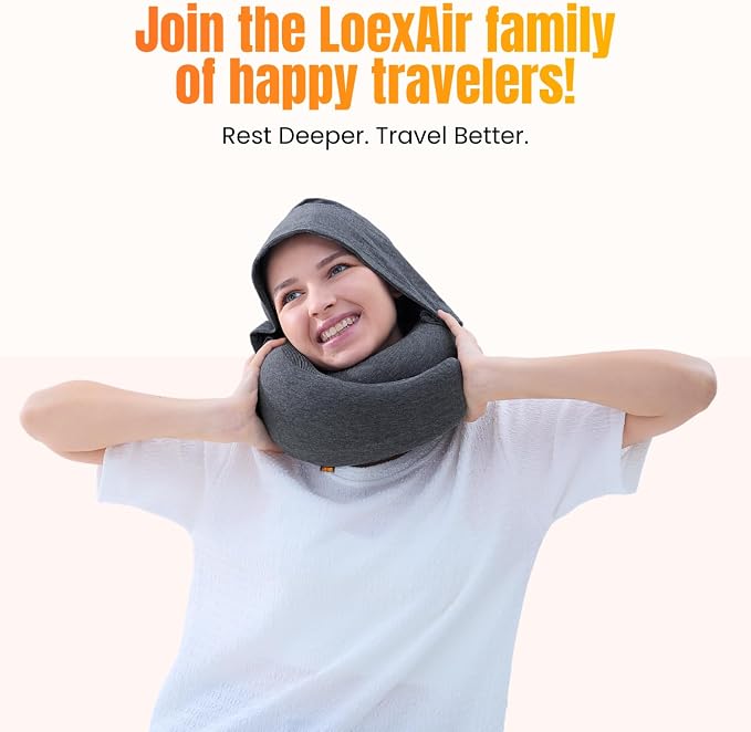 LOEXAIR™ Travel Pillow, Neck Pillow Travel for Airplane, Car - 100% Cotton Fabric & Memory Foam Plane Pillow, Lightweight & Easy-to-Carry on Flight, Full Travel Set (Eye Mask, Earplugs) - Dark Grey