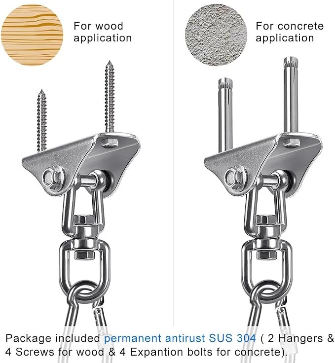 SELEWARE Swing Hangers Stainless Steel Swing Hooks Swivel Swing Mount Hardware w/Carabiners for Porch Swing Sets Hammock Chair Heavy Bag Yoga Silk Suspension Straps 1000 LB Capacity Each 2 Pack