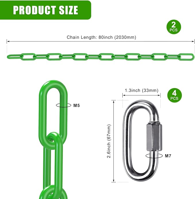 2Pcs 80" Coated Swing Chain with Carabiners 1000 LBs Capacity Heavy Duty Hanging Chains Porch Swing Chains with Hooks Green Chain for Hammock Chairs, Tree Swing, Hanging Chair, Punching Bags