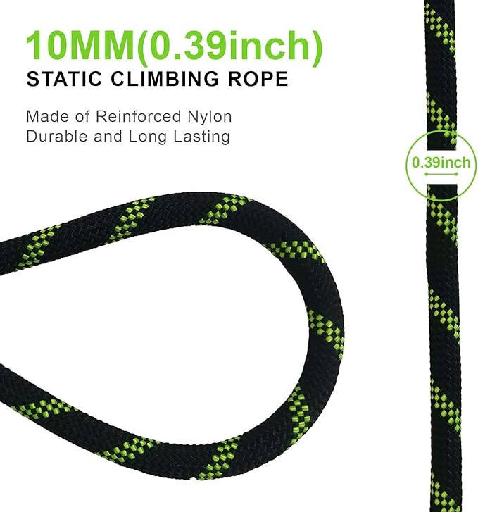 131ft/40m High Strength Static Climbing Rope UIAA Certified 10mm 3/8 Inch Rope Black & Fluorescent Green for Rappelling Fire Rescue & Outdoor Climbing