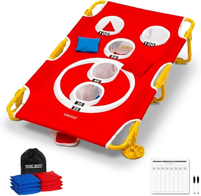 Foldable Cornhole Game Set Portable Bean Bag Toss for Family Tailgate & Beach - Metal Frame 5-Hole Arcade Style with 8 Bags & 8 Fun Games - Choose 3x2' Tailgate or 4x2' Regulation Size