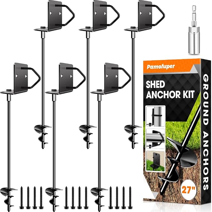 Ground Anchors Shed Anchors 27" Set of 6 Trampoline Stakes Screw in Heavy Duty Mobile Home - Storage Shed Anchor Kit - Playset Swing Anchors - Stakes for Fence,Carport,Garden (Black, 6 x 27in)