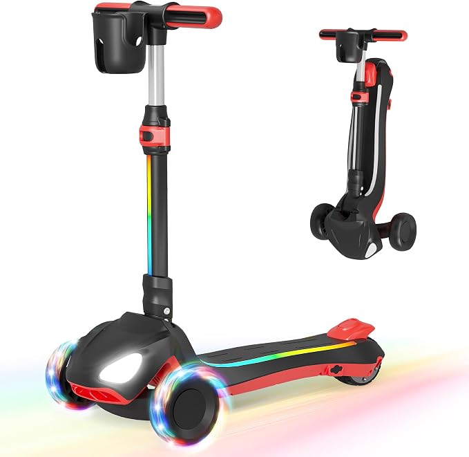 SIMATE Electric Scooter for Kids Ages 3+, 3 Wheel Balance Scooter, 3 Adjustable Heights, Foldable & LED Display & Thumb Throttle, Long Battery Life, Full Body Lights Up, Gift for Kids Boys Girls