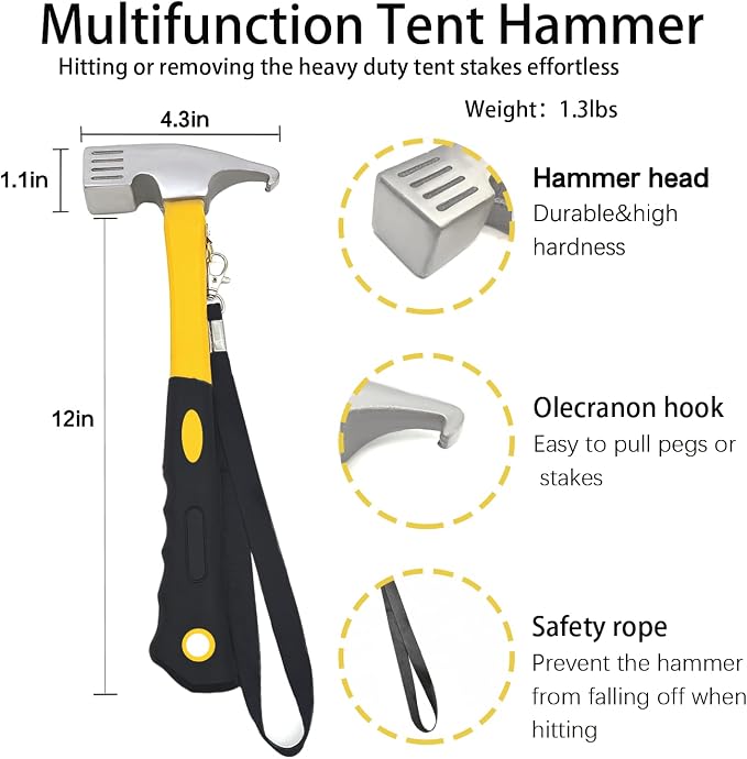16 Pack Tent Stakes with Hammer,16in Heavy Duty Tent Stakes + 12in Camping Hammer+Storage Pouch, Forged Steel Stakes for Camping Used on Rocks, Grassland(16Pcs 16in Stake+Hammer)