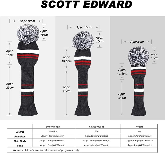 Scott Edward Golf Club Head Covers Set of 4, Acrylic Yarn Double-Layers Knitted, with Rotatable Number Tags