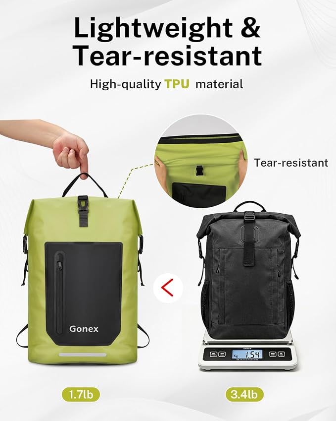 Gonex Ultralight Waterproof TPU Backpack, 55L Roll Top Dry Bag with Comfortable Padded Back Panel for Kayaking Boating Camping Fishing Travel,Green