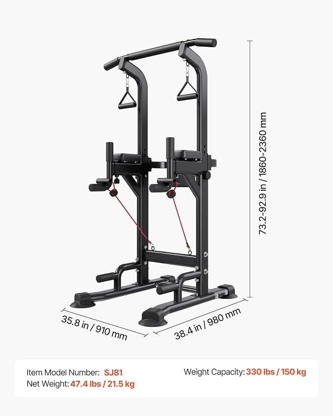 VEVOR Pull Up Bar, 330 LBS Power Tower Dip Station, Workout Dip Station with H-Shaped Stable Base & Back Pad, Adjustable 12 Level Height Free Standing Chin Up Bar for Back, 4-Level Adjustable Back Pad