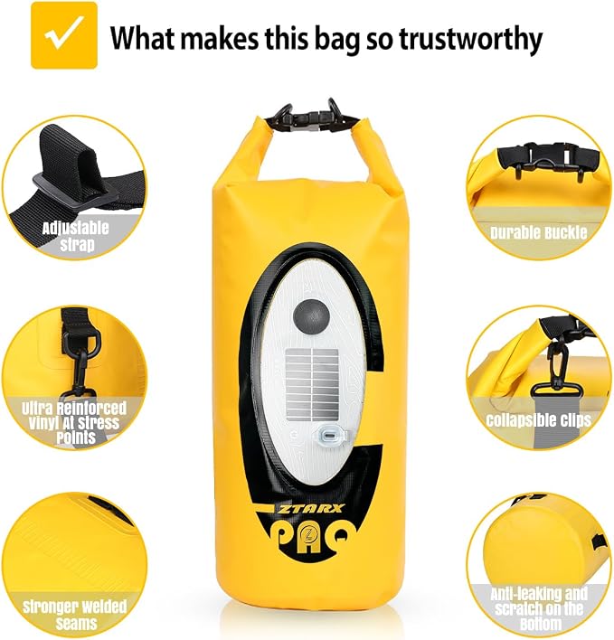Qoolife Dry Bag Waterproof with Solar Bluetooth Speaker & Light - 10L/20L Roll Top Dry Sack Keeps Gear Dry for Men Women Kayaking, Beach, Rafting, Boating, Hiking, Camping and Fishing