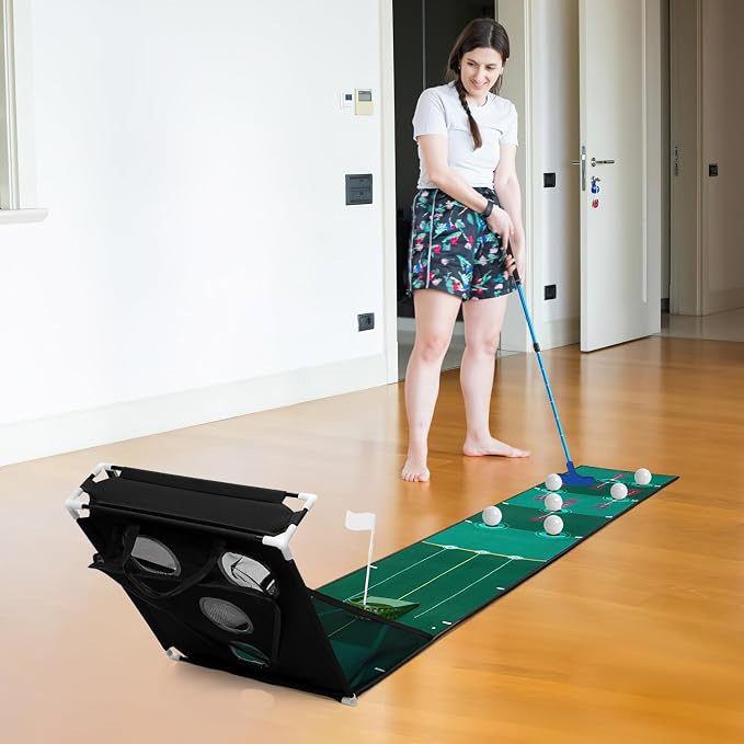 Losbenco Golf Putting Green, Indoor Putting Matt for Golf Practice with Putter, Putting Cup, 6 Balls, Automatic Ball Return, Mini Course Set for Home Office Backyard Indoor Outdoor Use