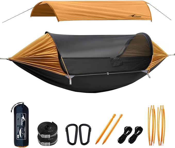 Camping Hammock Tent with Mosquito Net and Removable Sunshade, 4 in 1 Function, Lightweight Hanging Hammocks Tree Straps Swing, Bivvy Ground Tent for Outside, Hiking, and Travel
