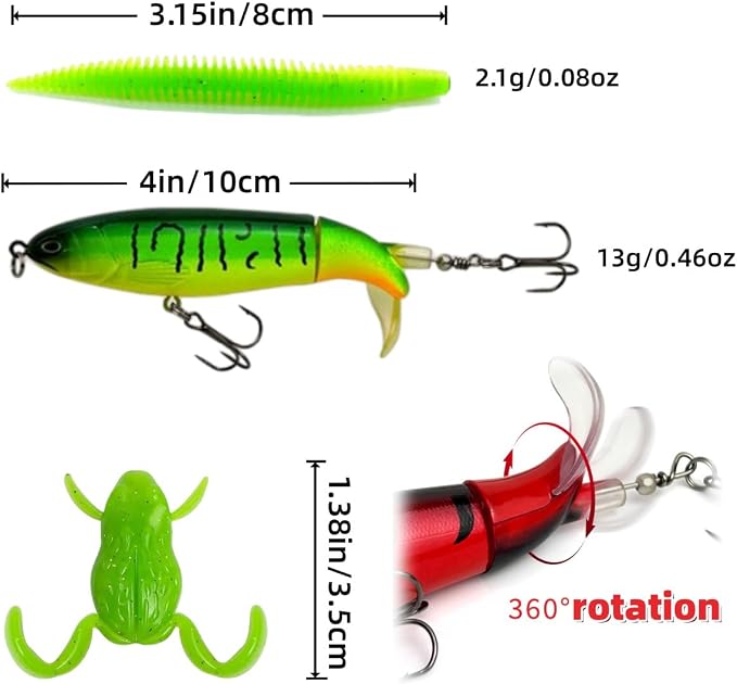 Topwater Fishing Lures Set with Storage Box,Mixed Artificial Lures Kit- Whopper Popper for Bass, Catfish, Pike & Perch, Floating Pencil Bait with Rotating Tail for Freshwater & Saltwater