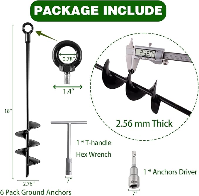Fabulas Ground Anchors Screw in, 18 Inch Heavy Duty Swing Set Ground Anchor Kit 6 Pack, Spiral Earth Trampoline Stakes High Wind Metal Auger Stakes for Dog Sheds Tent Carports Camping