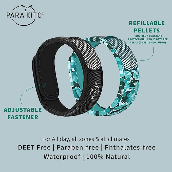 PARA'KITO Mosquito Repellent Bracelets + Refill Pellets Bundle | Peppermint Oil, Essential Oils | Hiking & Camping Accessories | Paraben Free, DEET Free - 2 Wristbands & 2 Refills (Black + Conceal)