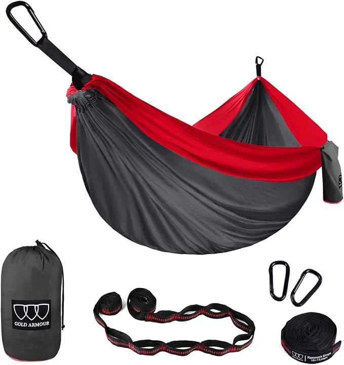 Gold Armour Camping Hammock - XL Double Hammock Portable Hammock Camping Accessories Gear for Outdoor Indoor with Tree Straps, USA Based Brand (Gray and Red)
