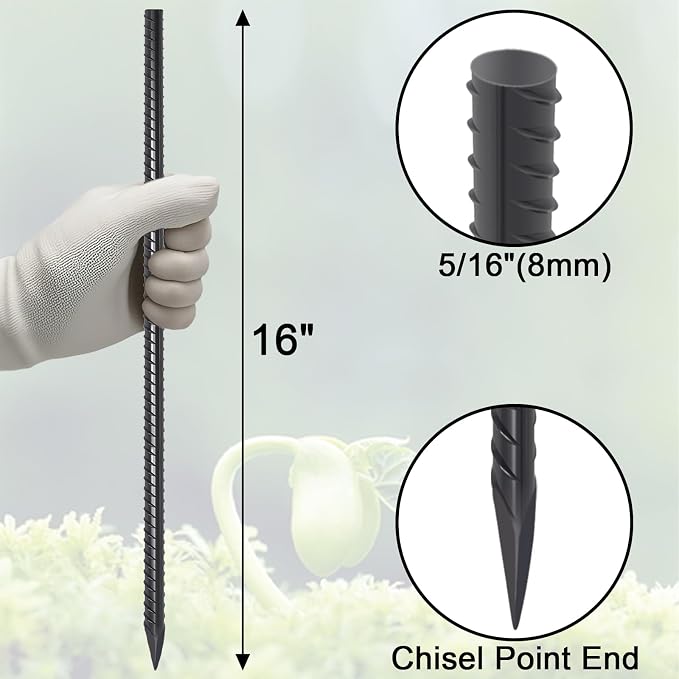 VVOKGO Rebar Stakes 16 Inches Ground Concrete Form Stakes (24pcs), Straight Metal Spikes Heavy Duty with Chisel Point End, 5/16" Diameter Steel Anchors for Fence, Concrete Timber, Garden Plants, Black