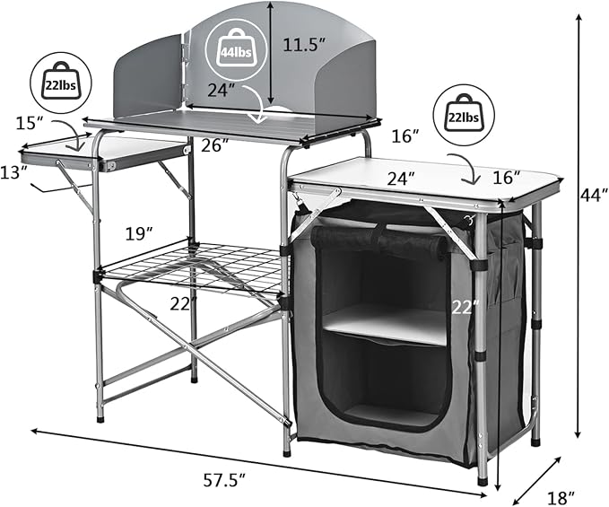 Tangkula Folding Camping Kitchen Table, Aluminum Portable Camping Grill Table with Windscreen, Cook Station, Outdoor Quick Set-up Camp Cook Table with Storage Organizer Shelves, Carry Bag