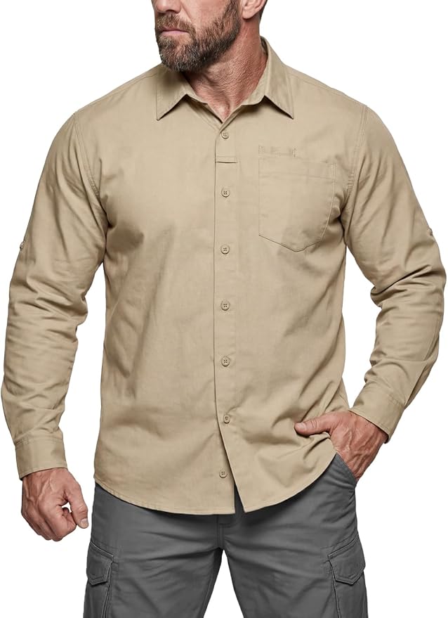 CQR Men's Long Sleeve Tactical Shirts, Ripstop Military Work Shirts, UPF 50+ Breathable Button Down Outdoor Hiking Shirt