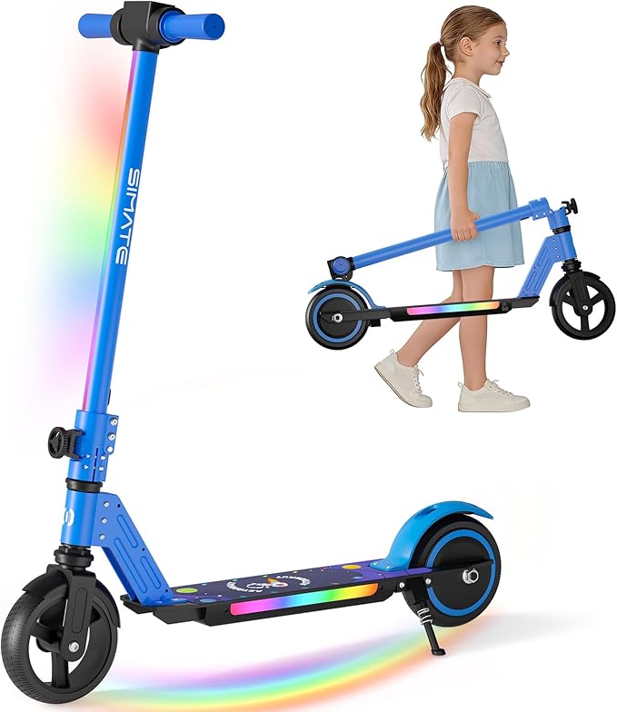 SIMATE Electric Scooter for Kids 6-14, e Kick Scooter with LED Display and Colorful Lights, Adjustable Height and Foldable, Double Brake, Gifts for Kids Girls Boys