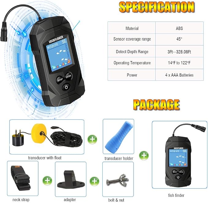 LUCKYLAKER Depth Handheld Fish Finder Display Boat Ice Fishing Finder Sonar Portable Wired Fish Finders Transducer LCD Monitor