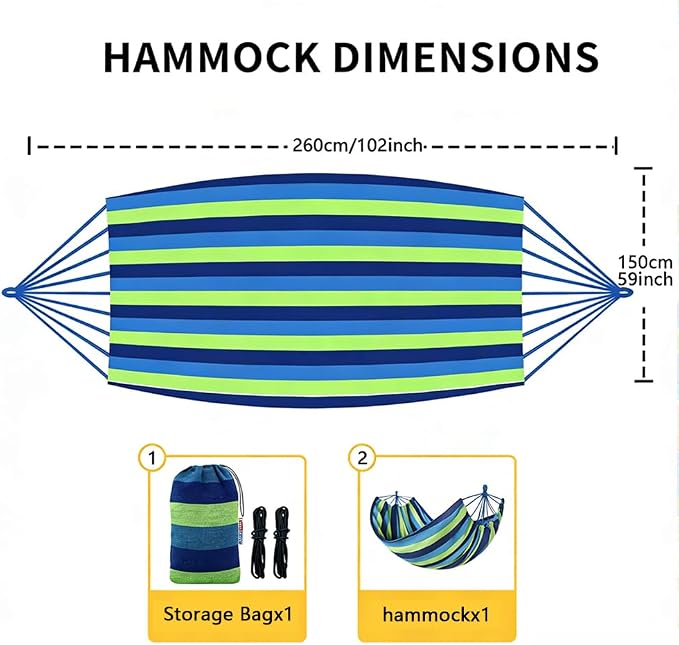 Cotton Canvas Hammock, Comfortable Fabric Camping Hammock with Tree Straps, Up to 440lbs with Travel Bag for Camping Outdoor/Indoor Patio Backyard(Blue, Without bar)