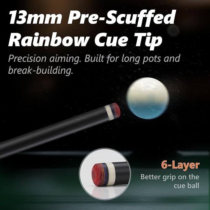 Glass Fiber Pool Cue Stick, 58" Professional Pool Stick for Adults 13mm 6-Layer Rainbow Tips Low Deflection Billiard Cue Stick, Uni-Loc Joint Pin, 19oz