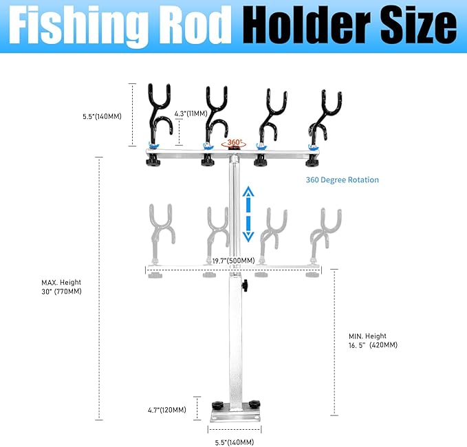 Fishing Rod Holder for Boat,Marine Fishing Pole Rack with The Function of Holding Four Fishing rods and 360 Degree Rotation & Adjustable Height,Includes mounting Plate.