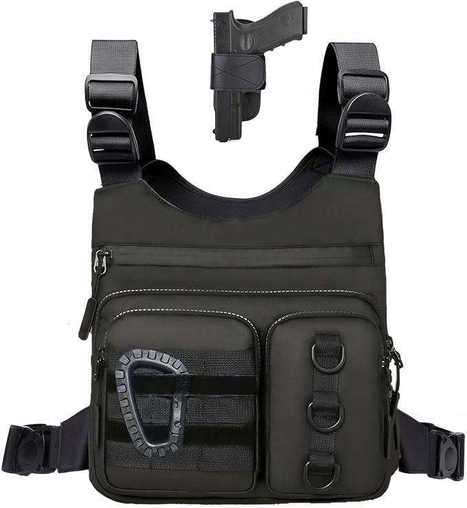 Criuage Outdoor Chest Bag for Men, Lightweight Adjustable Running Vest, Water Resistant EDC Chest Pack with Water Bottle Pocket, Breathable Back Pad for Hiking Cycling Fishing Travel (Black)