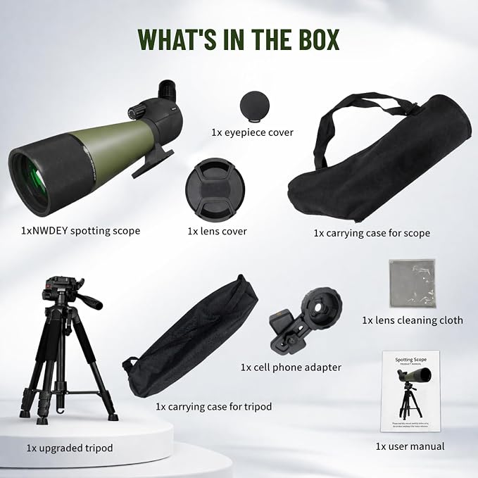 NWDEY Spotting Scope 25-75x80, BAK4 Prism FMC Optics, Waterproof Spotting Scope with Upgraded Tripod, Phone Adapter and Carrying Case for Bird Watching, Target Shooting, Wildlife Viewing