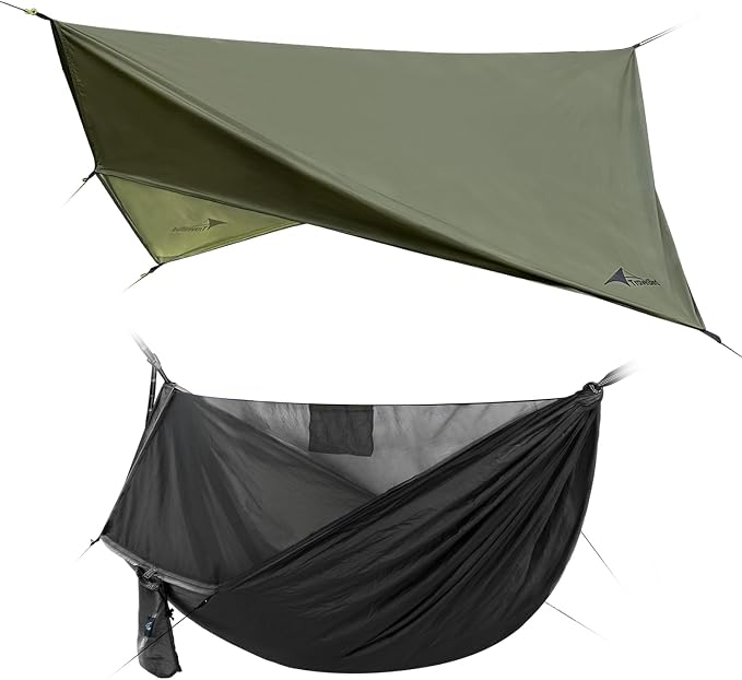 Camping Hammock with Net and Rain Fly, Lightweight Hanging Hammocks Tree Straps Hammock for Outside, Hiking, and Travel