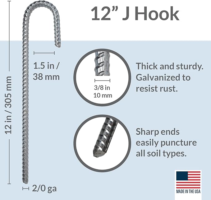 Pinnacle Mercantile 60 Pack Anti Rust Rebar Stakes J Hook Heavy Duty Galvanized Steel Ground Anchors 12 inch Long 3/8 inch Round Chisel Point End Made USA