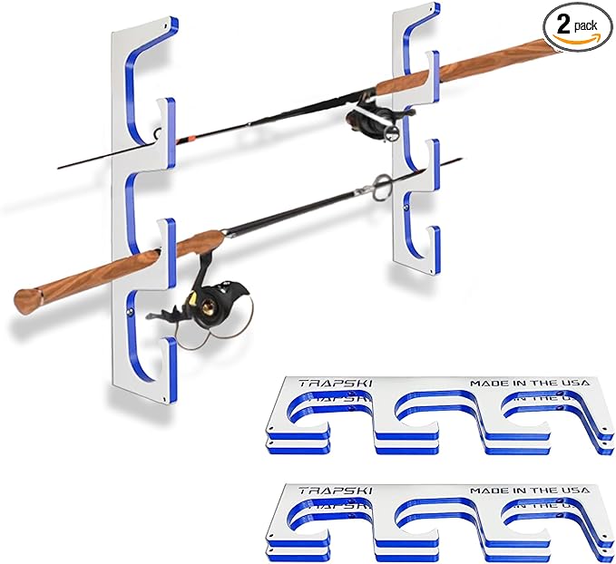 TRAPSKI Made in the USA Premium Fishing Rod/Pole Holder Rack Organizer | Wall or Boat Mounting Fishing Rod Rack | Marine Grade HDPE Plastic | Pole Holder for up to 6 Rods | Stackable - 2 Pack