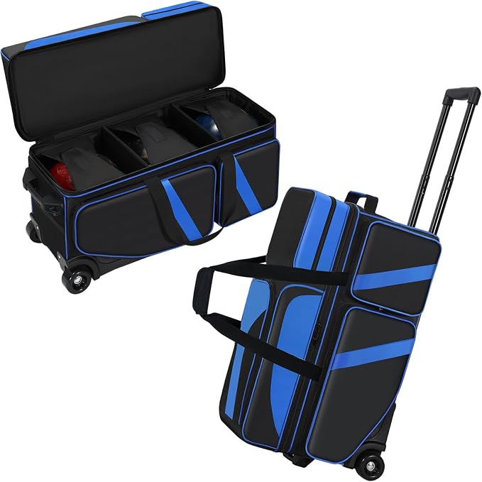 3 Ball Bowling Roller Bag with Smooth Wheels & Shoe Compartment, Heavy Duty 3 Ball Bowling Bag with Retractable Handle, Large Capacity Bowling Bag with Multi-pockets for Tournament, Travel, League